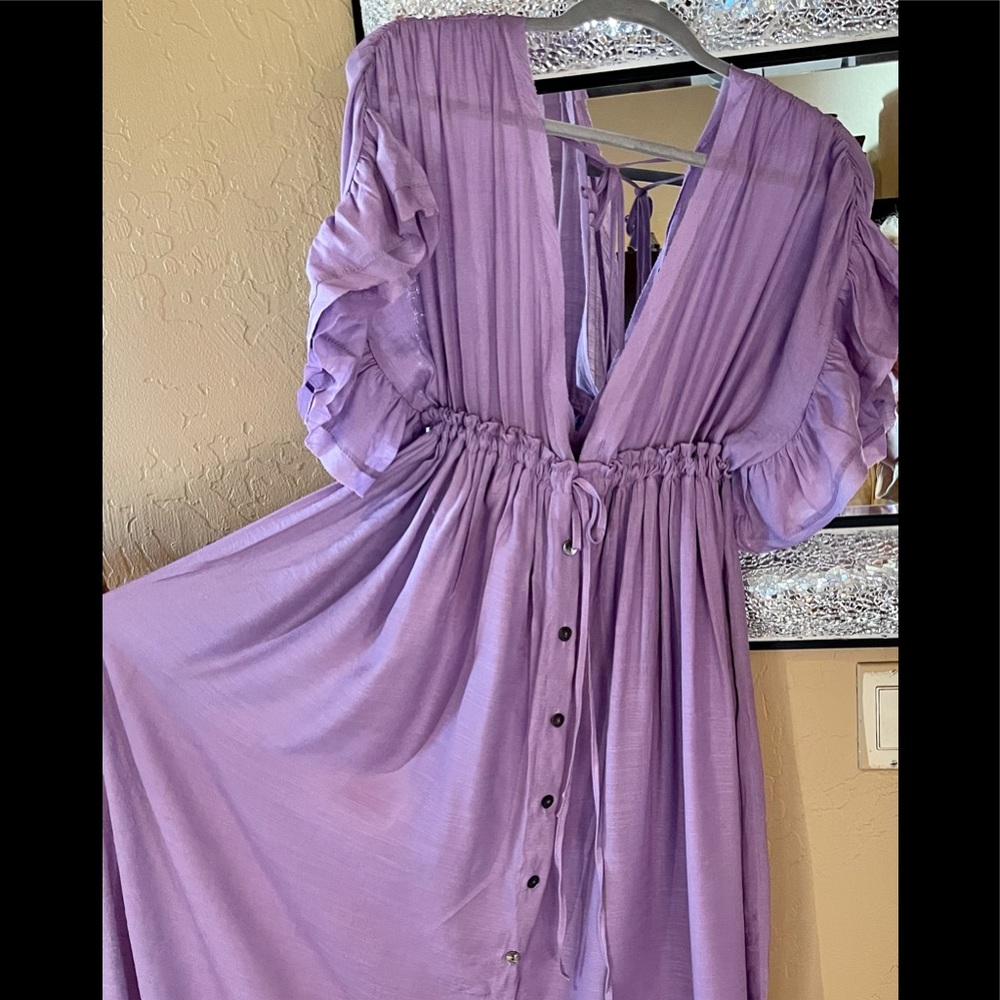 Butterfly Orchid Boho Gauze Button Front Flutter Maxi Dress W/Adjustable Tie - Picture 10 of 12